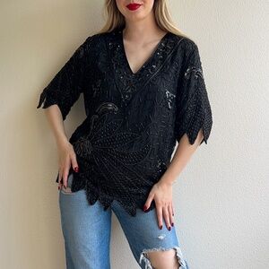 Vintage 1980s Black Sequined Blouse With Dramatic Hemline (L/XL)